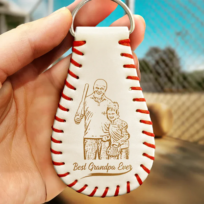 Custom Photo Pencil Drawing Engraved Best Dad Grandpa Ever - Personalized Leather Baseball Keychain