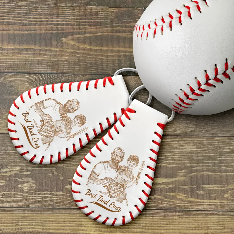 Custom Photo Pencil Drawing Engraved Best Dad Grandpa Ever - Personalized Leather Baseball Keychain