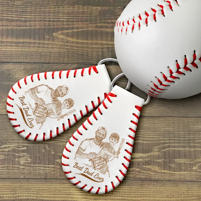 Custom Photo Pencil Drawing Engraved Best Dad Grandpa Ever - Personalized Leather Baseball Keychain