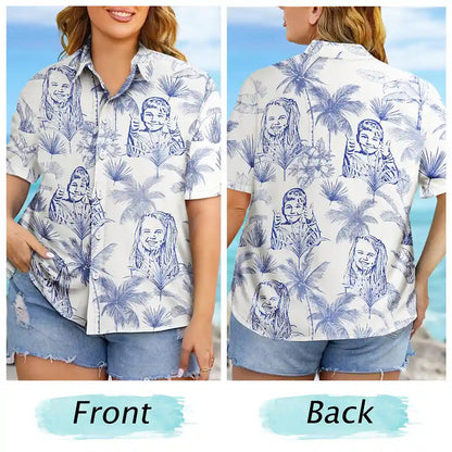 Custom Photo Pencil Drawing Toile De Jouy Pattern Family Pet - Personalized Hawaiian Shirt