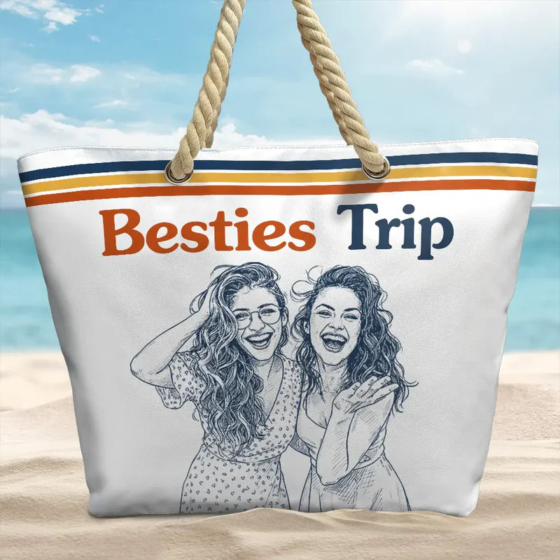 Custom Photo Pencil Sketch Besties Trip Retro - Personalized Beach Bag