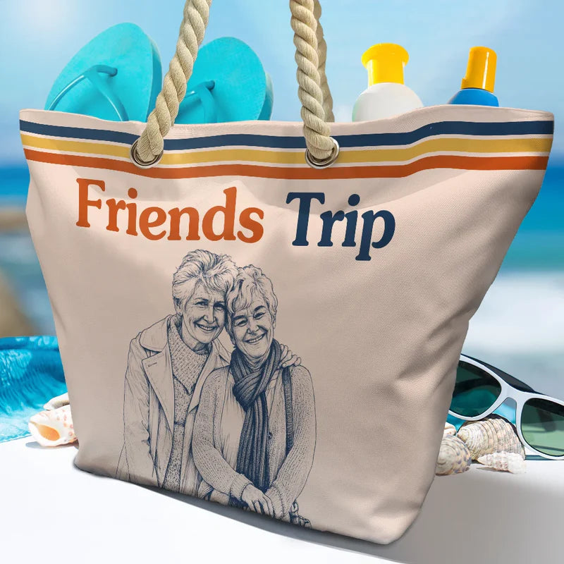 Custom Photo Pencil Sketch Besties Trip Retro - Personalized Beach Bag