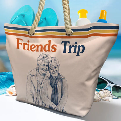 Custom Photo Pencil Sketch Besties Trip Retro - Personalized Beach Bag
