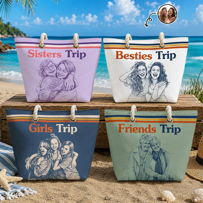 Custom Photo Pencil Sketch Besties Trip Retro - Personalized Beach Bag