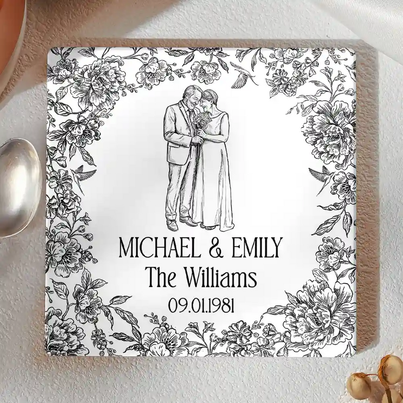 Custom Photo Pencil Sketch Couples Wedding Engaged Bachelor Party - Personalized Ceramic Coaster