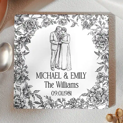 Custom Photo Pencil Sketch Couples Wedding Engaged Bachelor Party - Personalized Ceramic Coaster