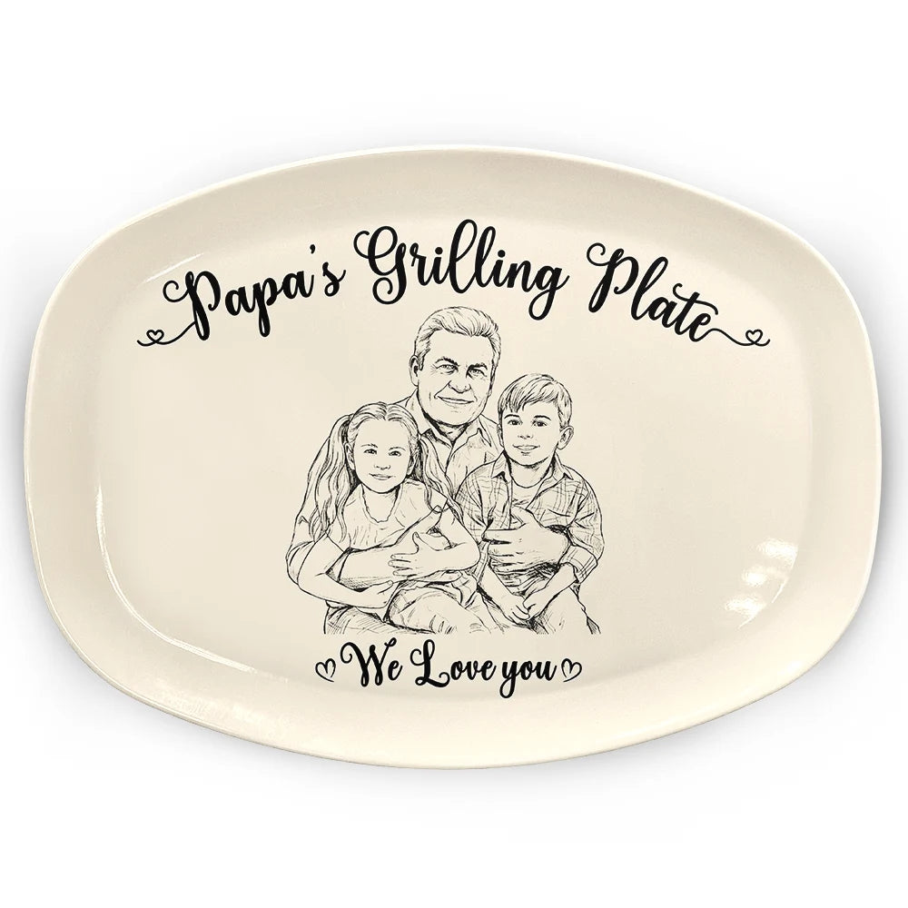 Custom Photo Pencil Sketch Dad's Grilling Plate - Personalized Plate