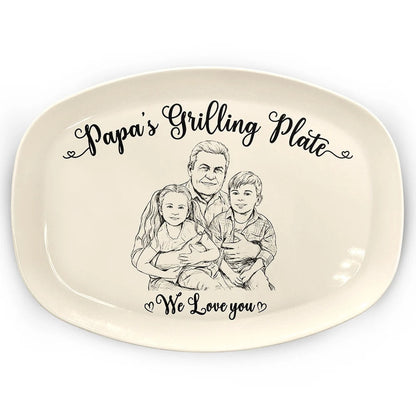 Custom Photo Pencil Sketch Dad's Grilling Plate - Personalized Plate
