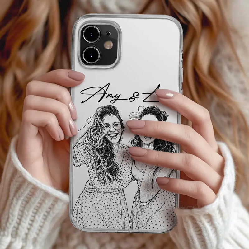 Custom Photo Pencil Sketch Family Besties Dog Cat Portrait - Personalized Clear Phone Case