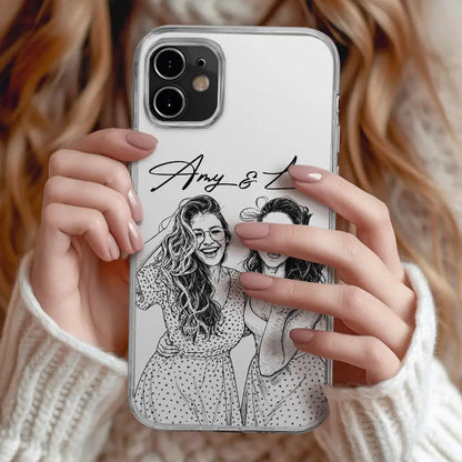 Custom Photo Pencil Sketch Family Besties Dog Cat Portrait - Personalized Clear Phone Case