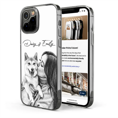 Custom Photo Pencil Sketch Family Besties Dog Cat Portrait - Personalized Clear Phone Case