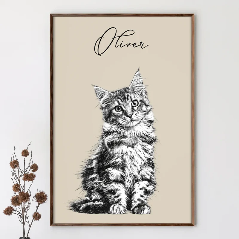 Custom Photo Pencil Sketch Family Dog Cat Portrait - Personalized Poster