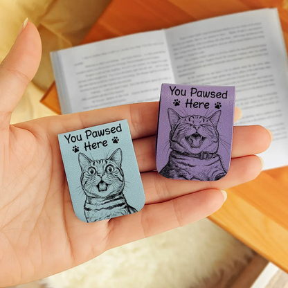 Custom Photo Bold Sketch You Pawsed Here - Personalized Leather Magnetic Bookmark