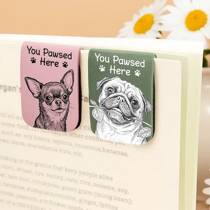 Custom Photo Bold Sketch You Pawsed Here - Personalized Leather Magnetic Bookmark