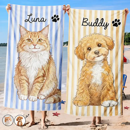 Custom Photo Colored Pencil Sketch Cute Dog Cat Stripe Pattern - Personalized Beach Towel