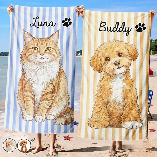 Custom Photo Colored Pencil Sketch Cute Dog Cat Stripe Pattern - Personalized Beach Towel