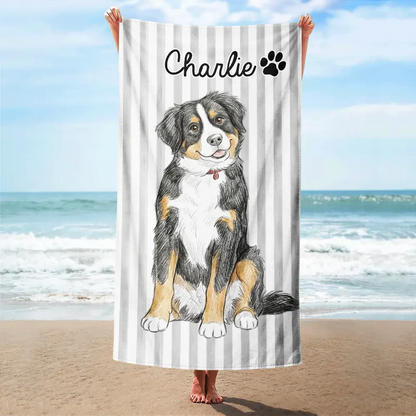 Custom Photo Colored Pencil Sketch Cute Dog Cat Stripe Pattern - Personalized Beach Towel