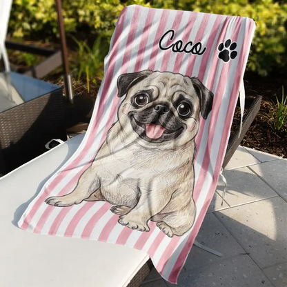 Custom Photo Colored Pencil Sketch Cute Dog Cat Stripe Pattern - Personalized Beach Towel