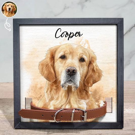Custom Photo Realistic Watercolor Art Dog Cat Portrait Memorial - Personalized Pet Loss Sign, Collar Frame