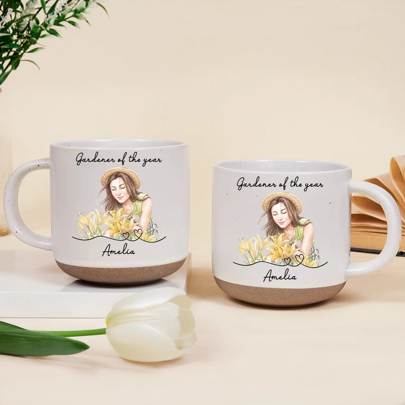 Custom Photo Realistic Watercolor Art Gardener Of The Year - Personalized Pottery Mug