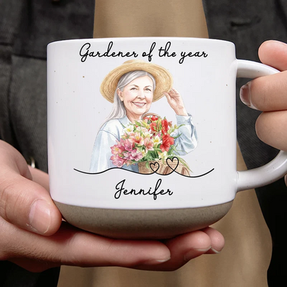 Custom Photo Realistic Watercolor Art Gardener Of The Year - Personalized Pottery Mug