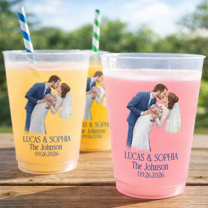 Custom Photo Semi Realistic Portrait Couples Wedding Engaged Bachelor Party - Personalized Frosted Cups