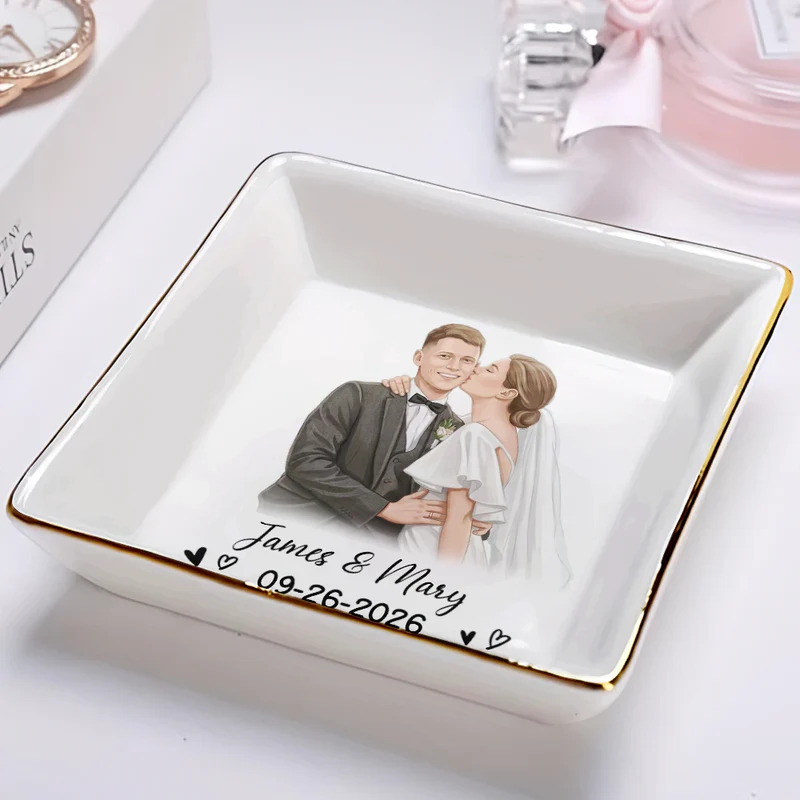 Custom Photo Semi Realistic Portrait Happy Couple Anniversary - Personalized Ring Dish