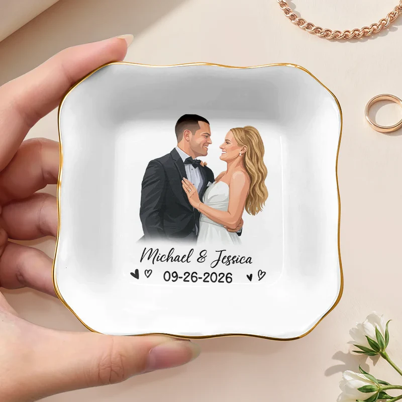 Custom Photo Semi Realistic Portrait Happy Couple Anniversary - Personalized Ring Dish