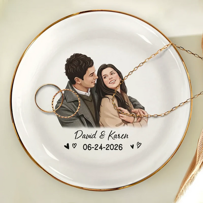 Custom Photo Semi Realistic Portrait Happy Couple Anniversary - Personalized Ring Dish
