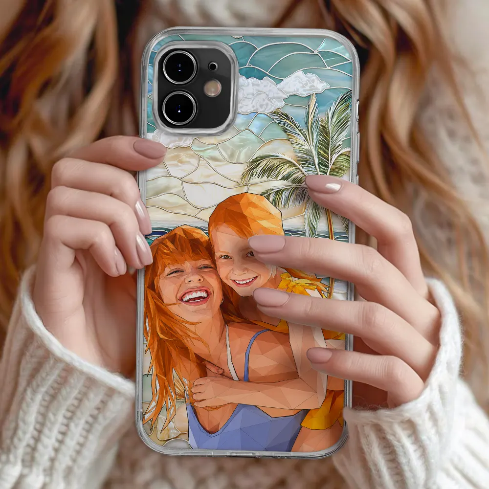 Custom Photo Stained Glass Coastal Family Bestie Portrait - Personalized Clear Phone Case