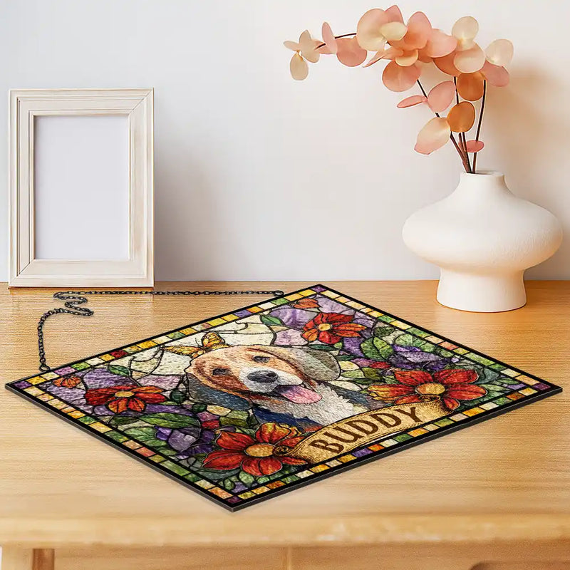 Custom Photo Stained Glass Portrait Dog Cat Family - Personalized Horizontal Stained Glass Suncatcher