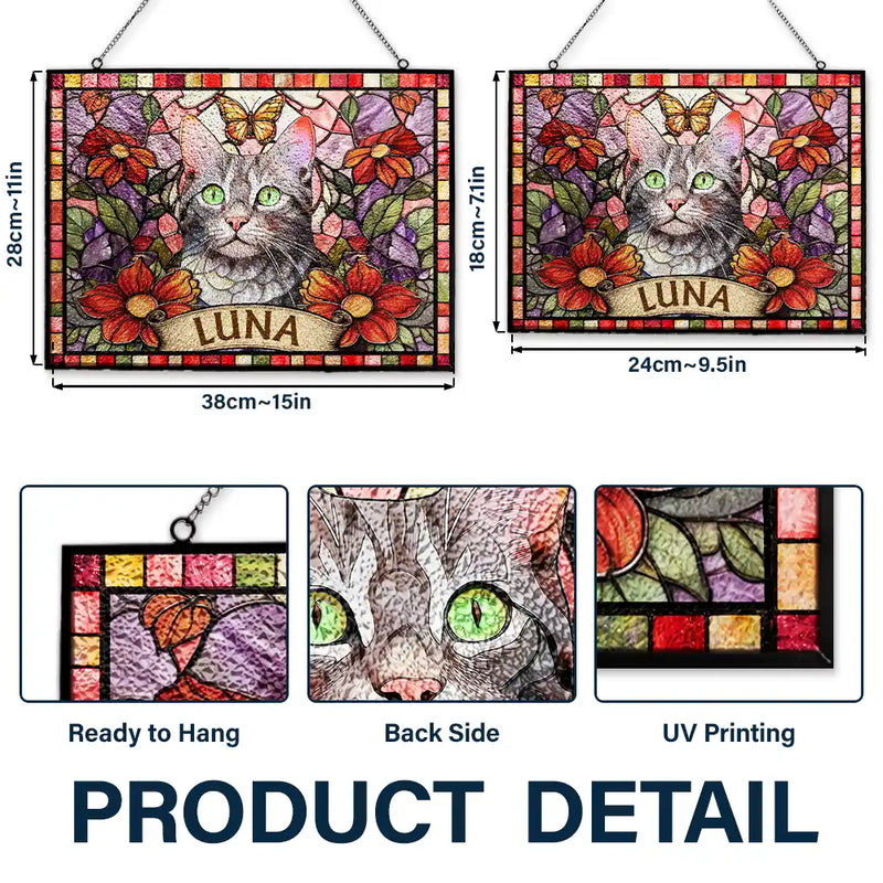 Custom Photo Stained Glass Portrait Dog Cat Family - Personalized Horizontal Stained Glass Suncatcher