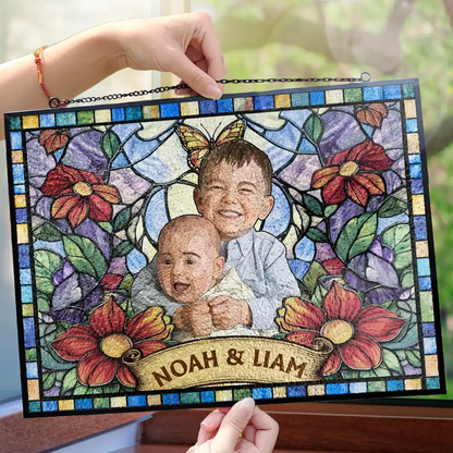 Custom Photo Stained Glass Portrait Dog Cat Family - Personalized Horizontal Stained Glass Suncatcher
