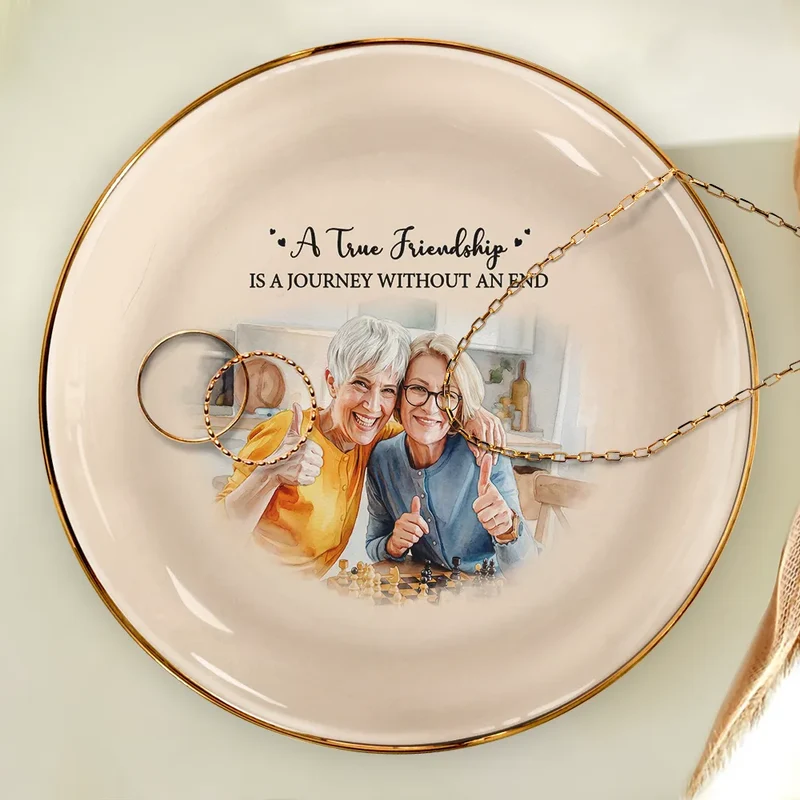 Custom Photo Watercolor Painting A True Friendship Is A Journey Without An End - Personalized Ring Dish