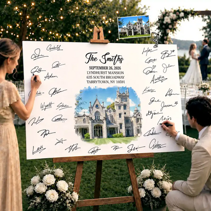 Custom Photo Watercolor Painting Wedding Venue Guest Book - Personalized Poster