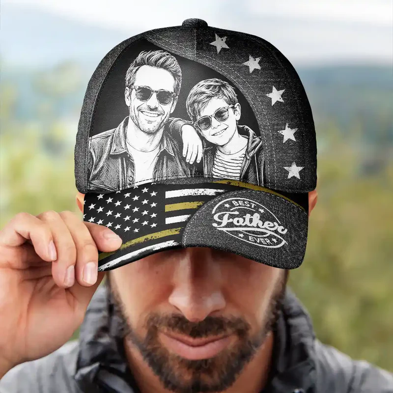 Custom Photo White Pencil Sketch Art Best Dad Papa Ever - Personalized Classic Cap