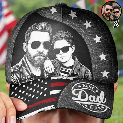 Custom Photo White Pencil Sketch Art Best Dad Papa Ever - Personalized Classic Cap