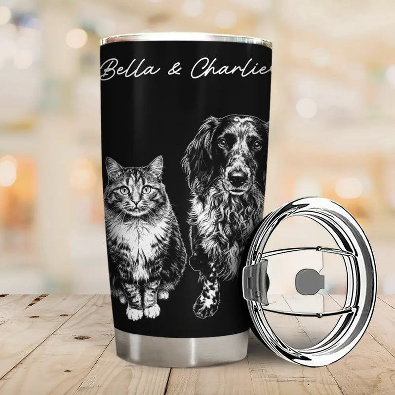 Custom Photo White Pencil Sketch Art Dog Cat Portrait - Personalized Tumbler