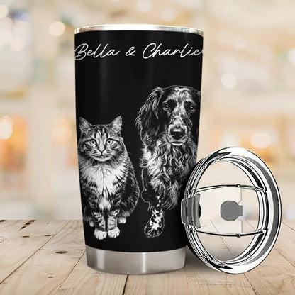 Custom Photo White Pencil Sketch Art Dog Cat Portrait - Personalized Tumbler