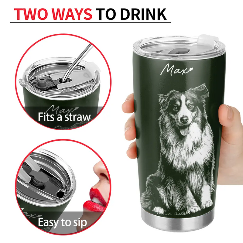 Custom Photo White Pencil Sketch Art Dog Cat Portrait - Personalized Tumbler