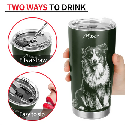 Custom Photo White Pencil Sketch Art Dog Cat Portrait - Personalized Tumbler