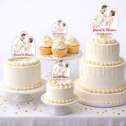 Custom Photo Realistic Watercolor Art Couples Wedding Engaged Bachelor Party - Personalized Acrylic Cake Topper
