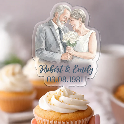 Custom Photo Realistic Watercolor Art Couples Wedding Engaged Bachelor Party - Personalized Acrylic Cake Topper