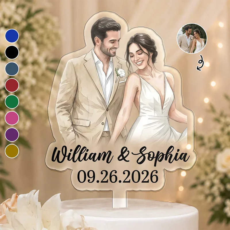 Custom Photo Realistic Watercolor Art Couples Wedding Engaged Bachelor Party - Personalized Acrylic Cake Topper