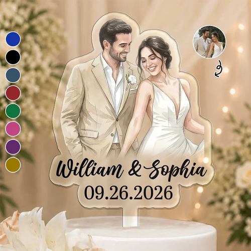 Custom Photo Realistic Watercolor Art Couples Wedding Engaged Bachelor Party - Personalized Acrylic Cake Topper