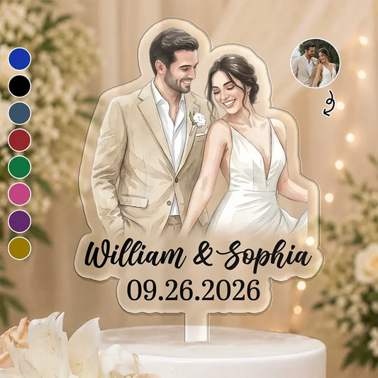 Custom Photo Realistic Watercolor Art Couples Wedding Engaged Bachelor Party - Personalized Acrylic Cake Topper