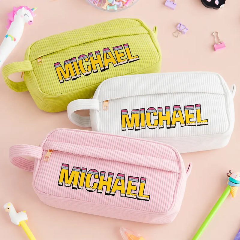 Customize Name Pencil Pouch Back To School - Personalized Corduroy Pencil Case