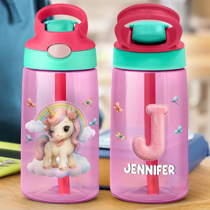 Cute Animal With Faux Embroidery Effect Chenille Alphabet - Personalized Kids Water Bottle With Straw