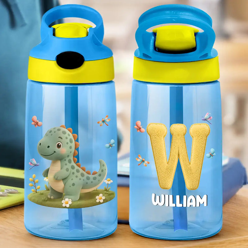 Cute Animal With Faux Embroidery Effect Chenille Alphabet - Personalized Kids Water Bottle With Straw