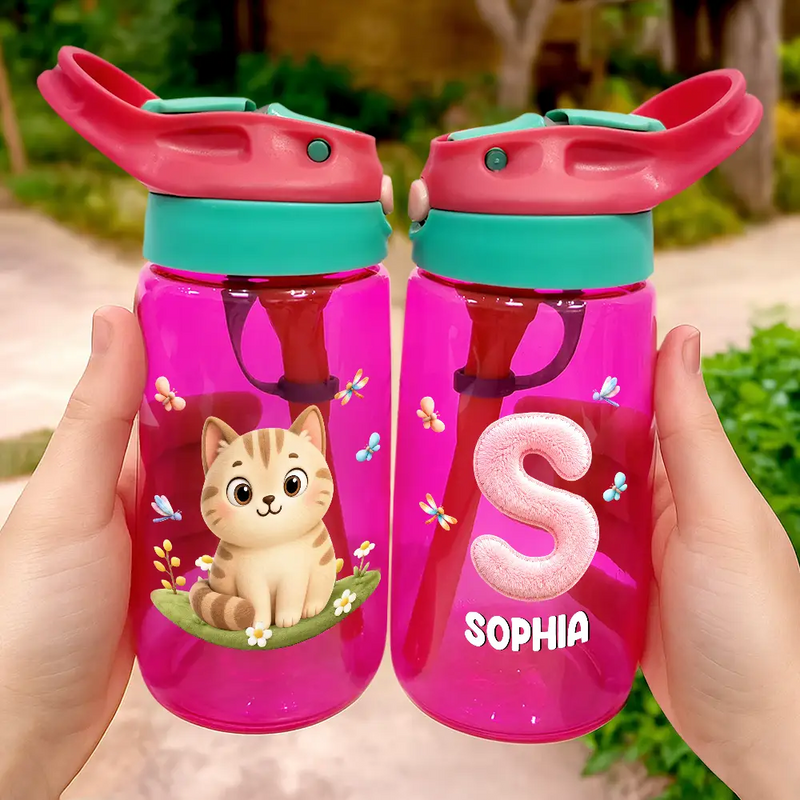 Cute Animal With Faux Embroidery Effect Chenille Alphabet - Personalized Kids Water Bottle With Straw